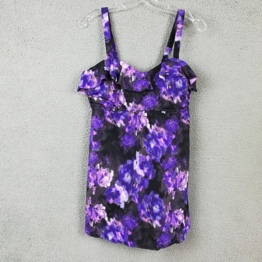 D&Co Beach Womens Swimsuit One Piece Swim Dress Purple Floral Ruffle 12 New